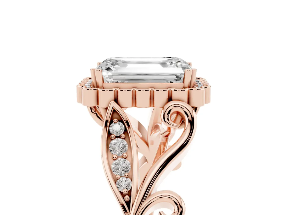 Emerald Cut Diamond Halo Ring with Vintage Split Shank and Four-Prong Setting Rose gold