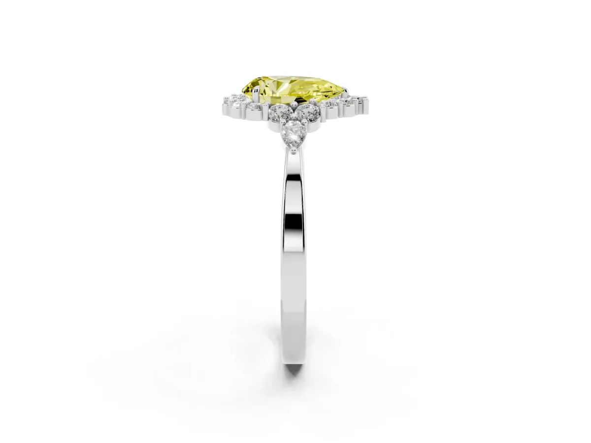 Fancy Yellow Pear Cut Diamond Halo Ring with Pear Side Stones and Prong Setting Silver