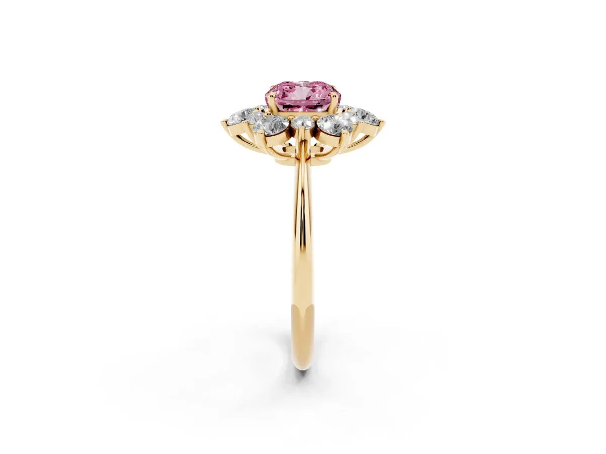 Fancy Pink Cushion Cut Diamond Cluster Halo Ring with Solitaire Band and Four-Prong Setting Yellow gold