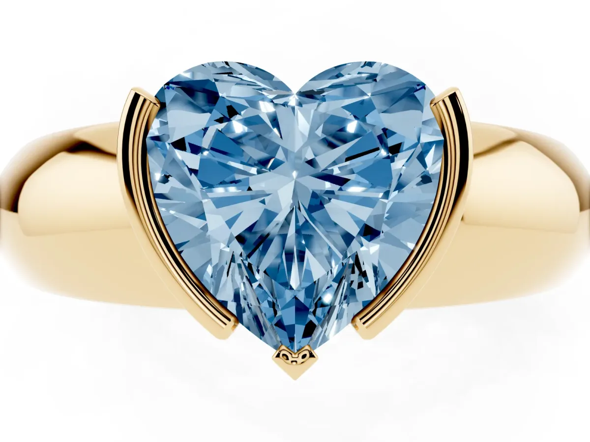 Fancy Blue Heart Cut Solitaire Tension Set Diamond Ring with Wide Band Yellow gold