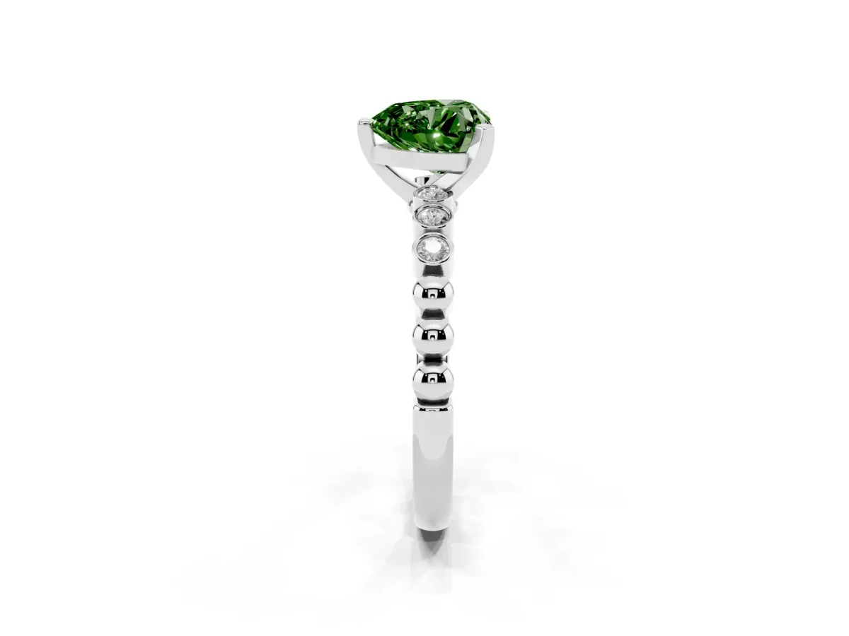 Fancy Green Heart Cut Solitaire Bezel Accent Diamond Engagement Ring with Beaded Band and Four-Prong Setting Silver