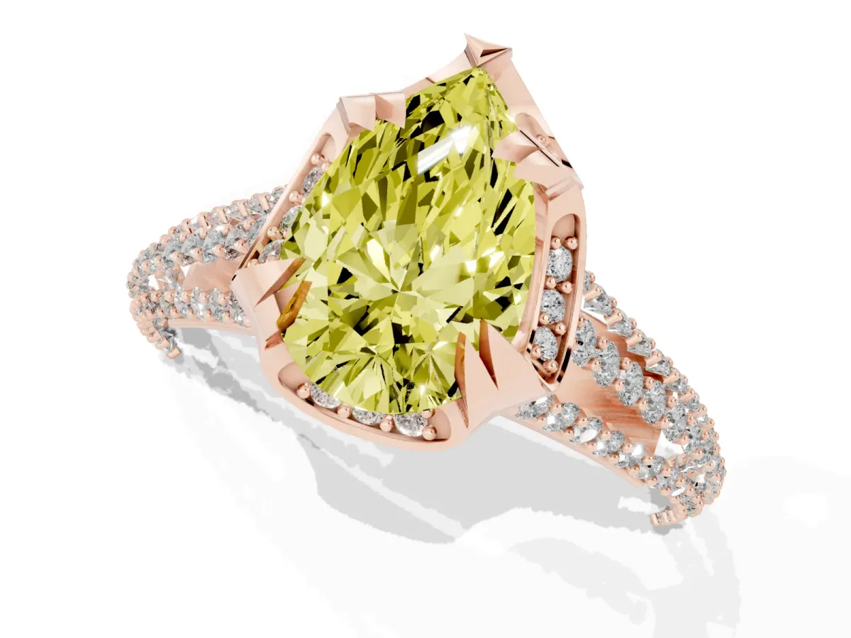 Fancy Yellow Pear Cut Solitaire Pave Split Shank Ring with Four-Prong Setting Rose gold