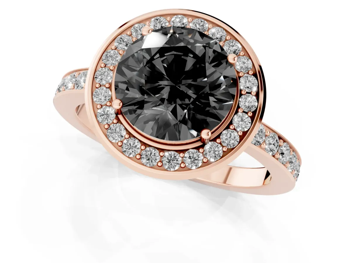 Fancy Black Round Cut Diamond Halo Ring with Bezel Frame and Pavé Band Rose gold