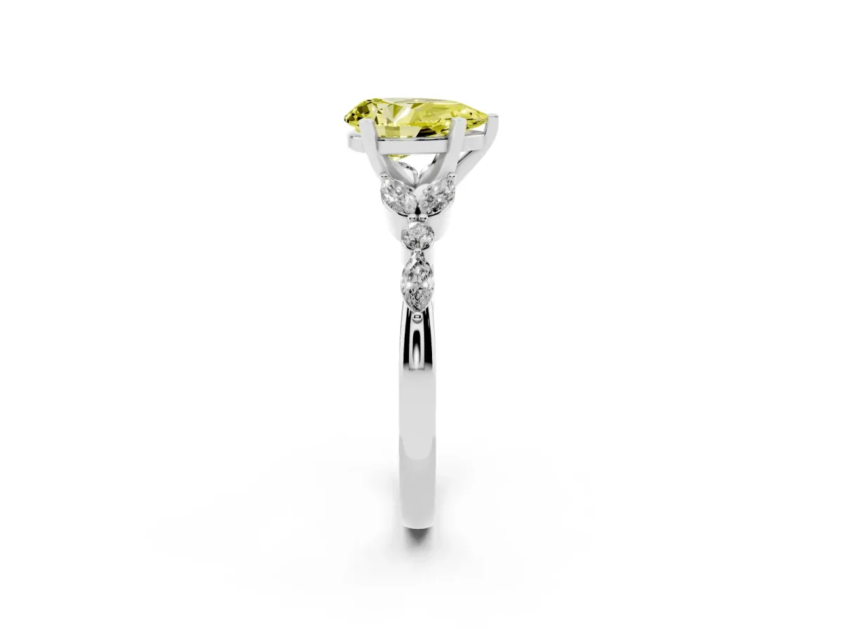 Fancy Yellow Pear Cut Diamond Solitaire Ring with Side Stones and Four-Prong Setting Platinum