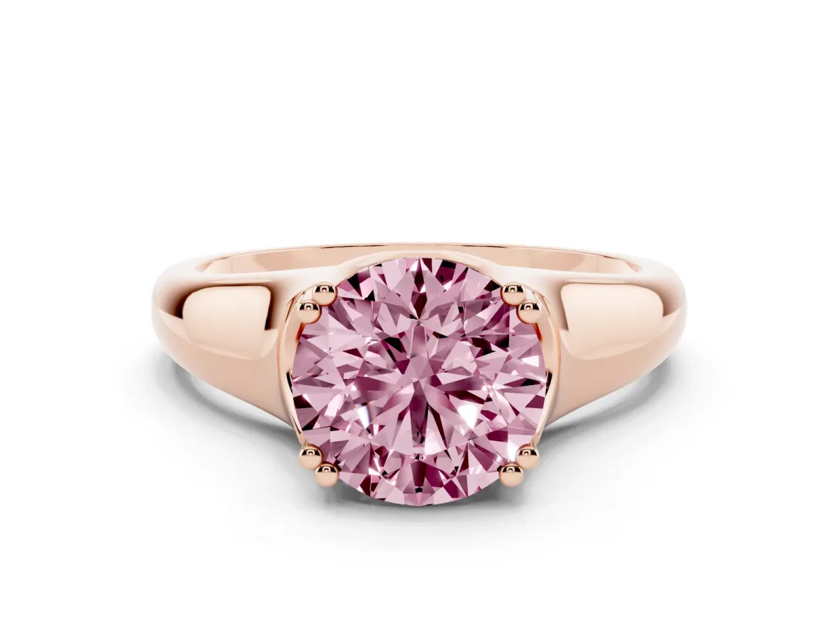 Fancy Pink Round Cut Diamond Solitaire Ring with Wide Band and Prong Setting Rose gold