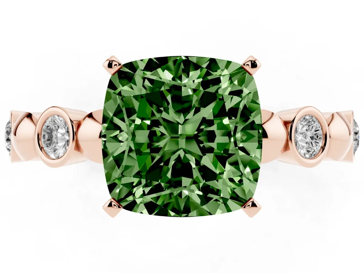 Fancy Green Cushion Cut Solitaire Bezel-Set Diamond Ring with Beaded Band and Four-Prong Setting Rose gold