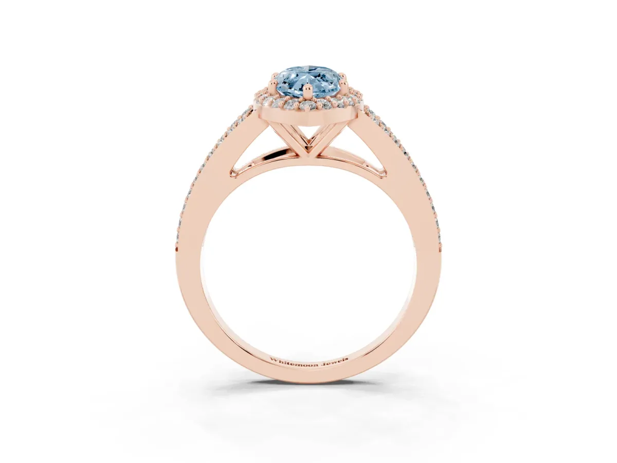 Fancy Blue Marquise Cut Halo Split Shank Diamond Ring with Prong Setting Rose gold