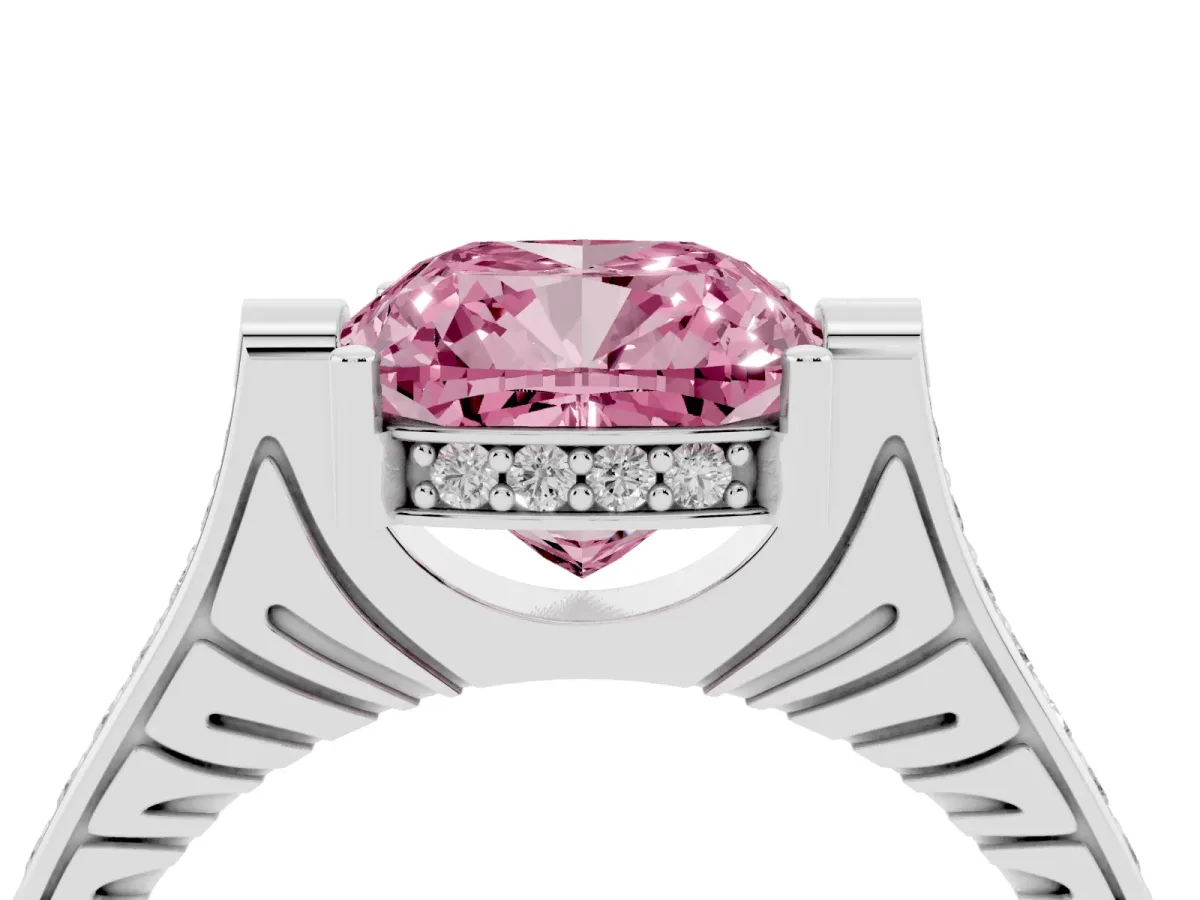Fancy Pink Cushion Cut Solitaire Diamond Ring with Channel Set Band and Bezel Prong Setting Platinum