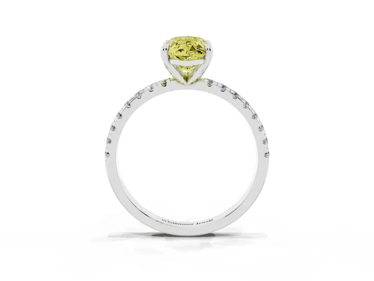 Fancy Yellow Marquise Cut Diamond Brilliant Solitaire Ring with Pavé Band and Four-Prong Setting Platinum