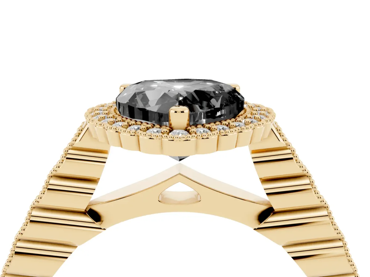 Fancy Black Heart Cut Cut Halo Pavé Solitaire Ring with Milgrain Band Yellow gold