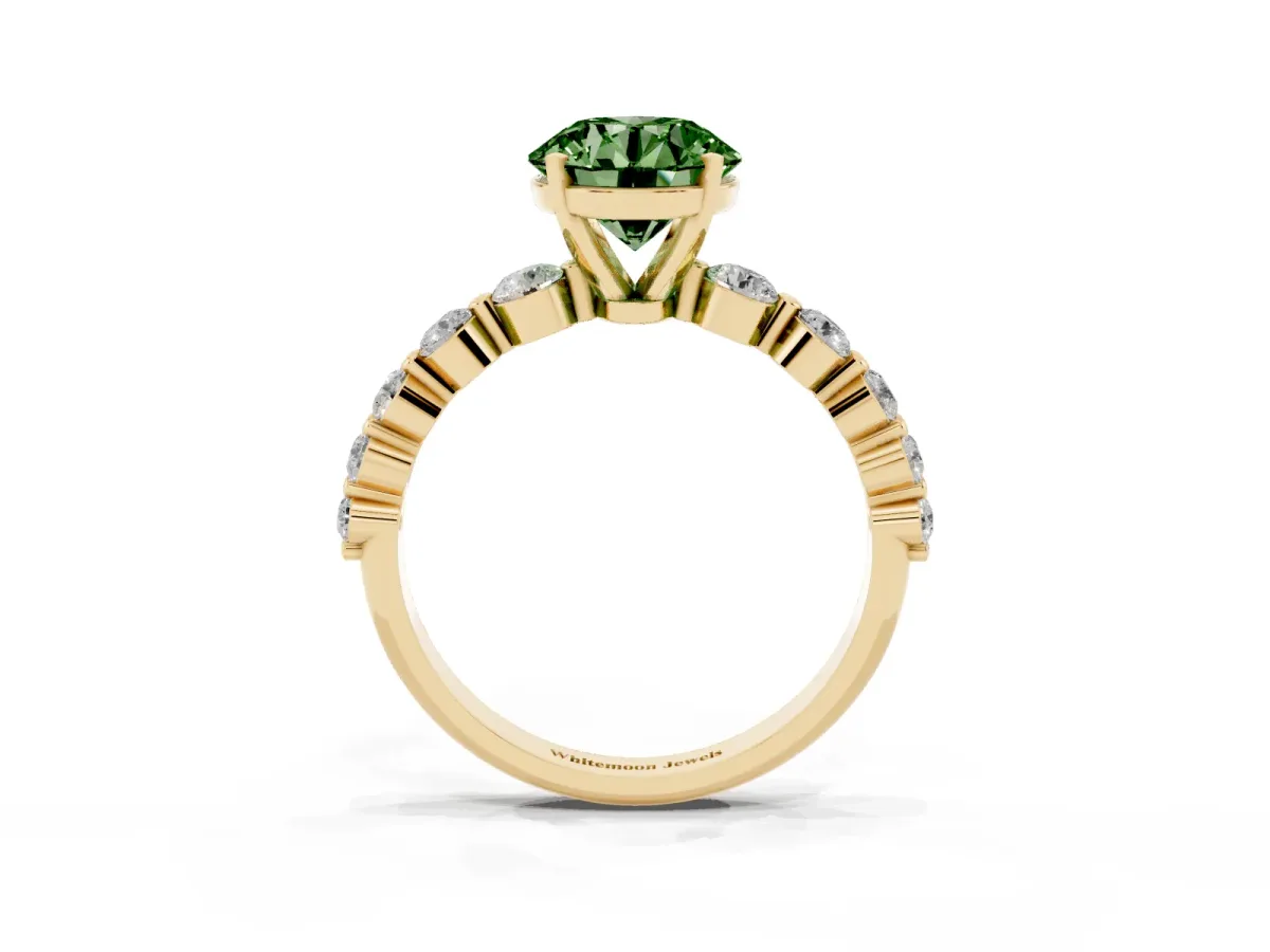 Fancy Green Round Cut Solitaire Diamond Ring with Pave Band and Four-Prong Setting Yellow gold