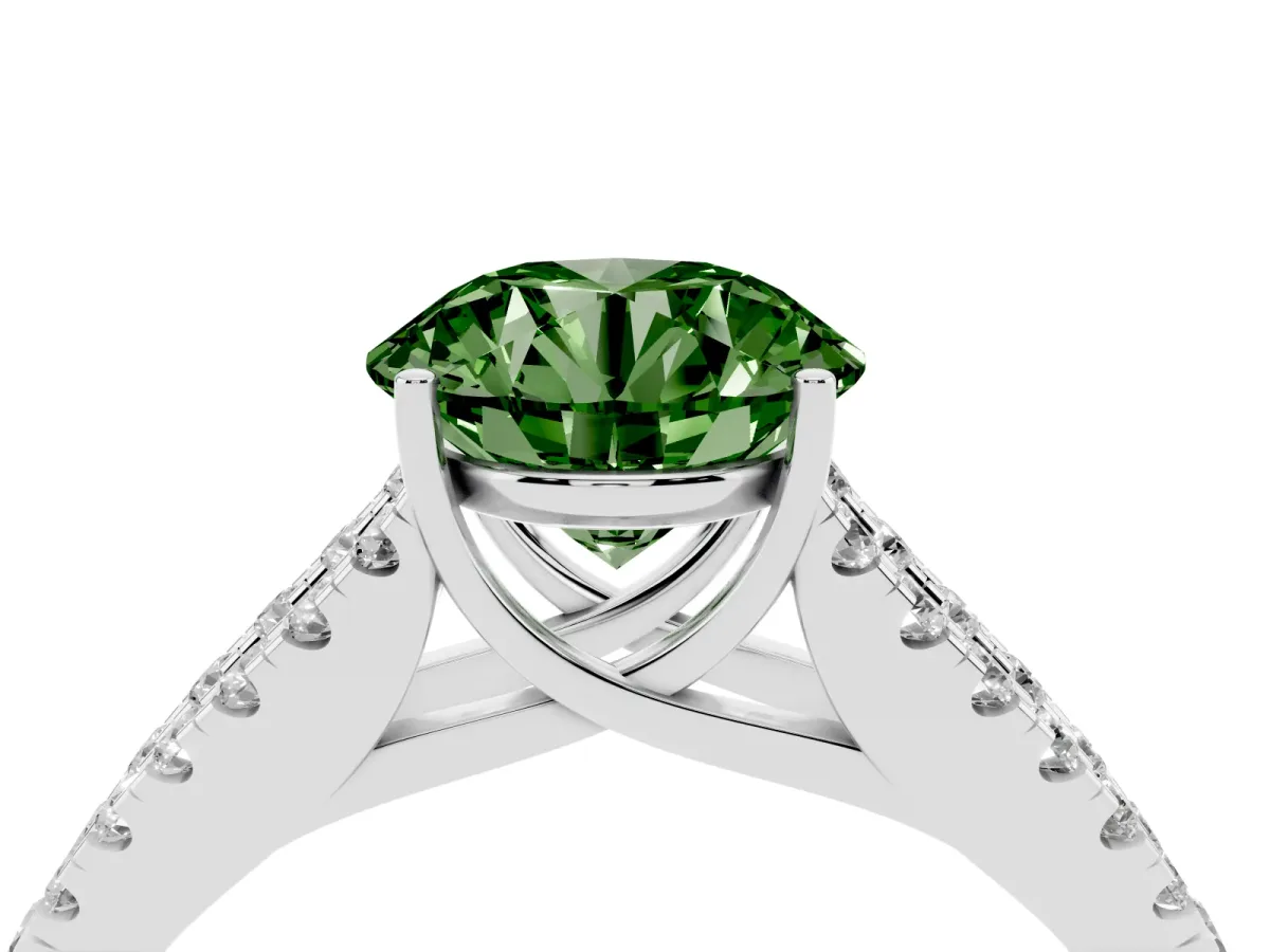 Fancy Green Round Cut Diamond Split Shank Engagement Ring with Round Pavé and Prong Setting Silver