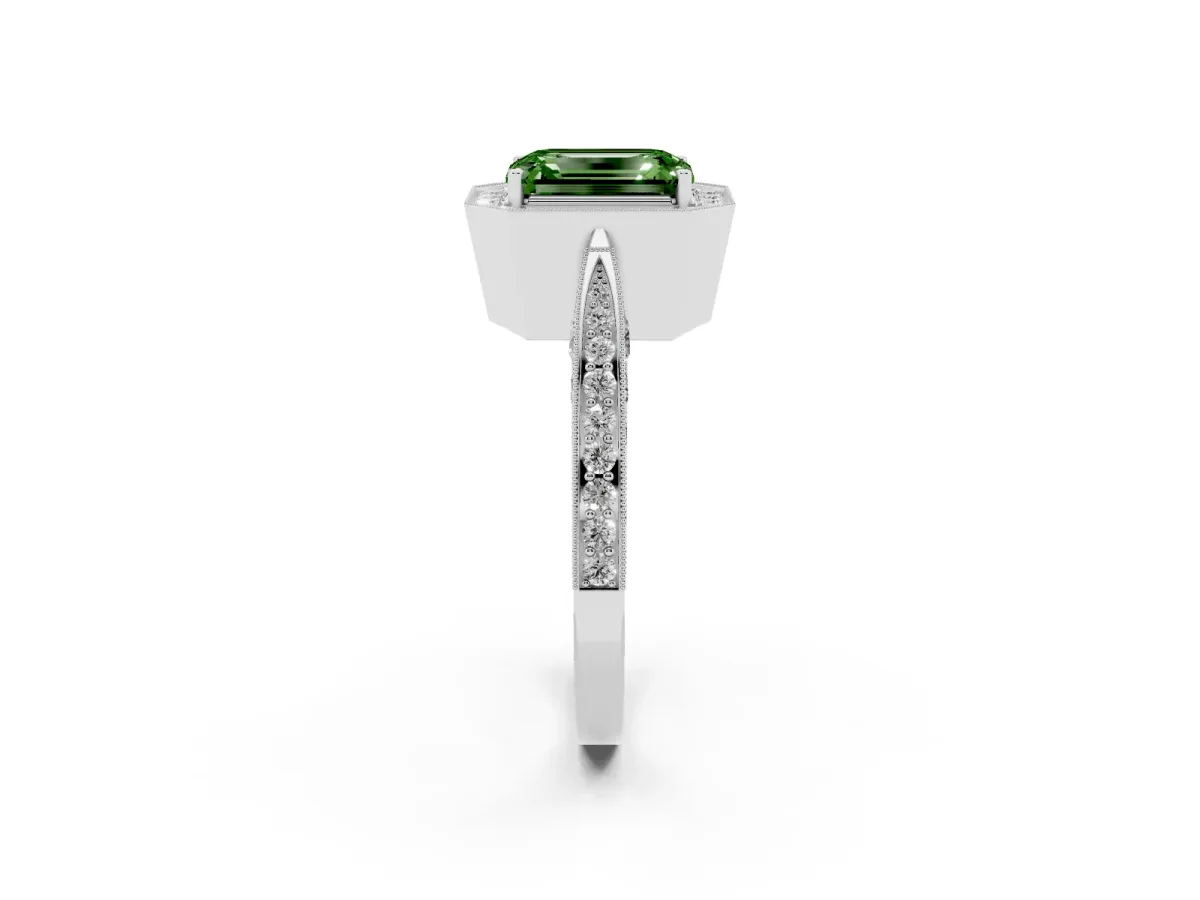 Fancy Green Emerald Cut Halo Diamond Engagement Ring with Split Shank Band and Four-Prong Setting Silver