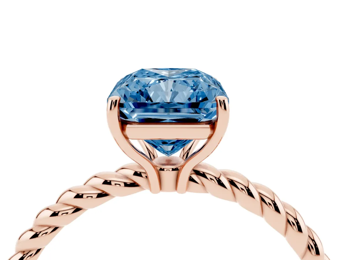 Fancy Blue Radiant Cut Solitaire Twist Band Ring with Four-Prong Setting Rose gold
