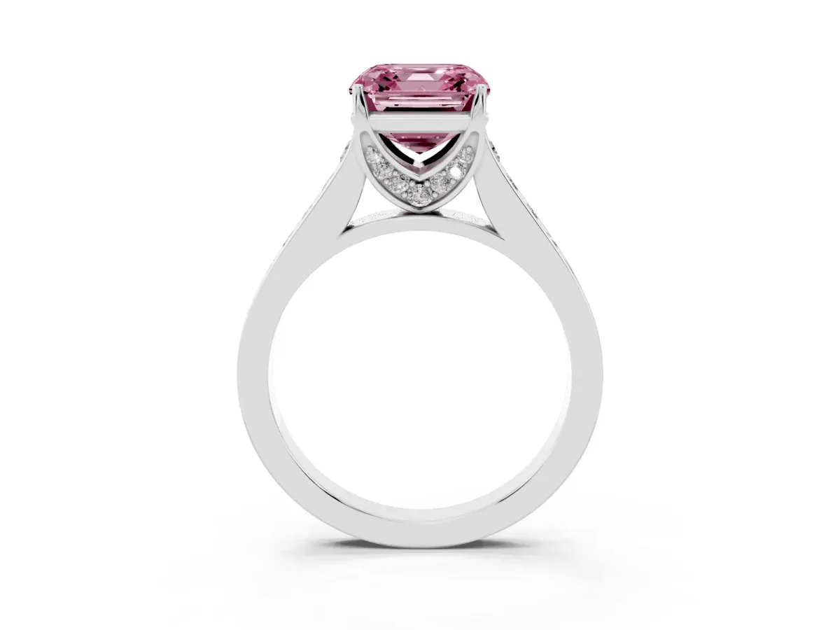 Fancy Pink Asscher Cut Brilliant Cut Diamond Engagement Ring with Pavé Band and Four-Prong Setting Silver