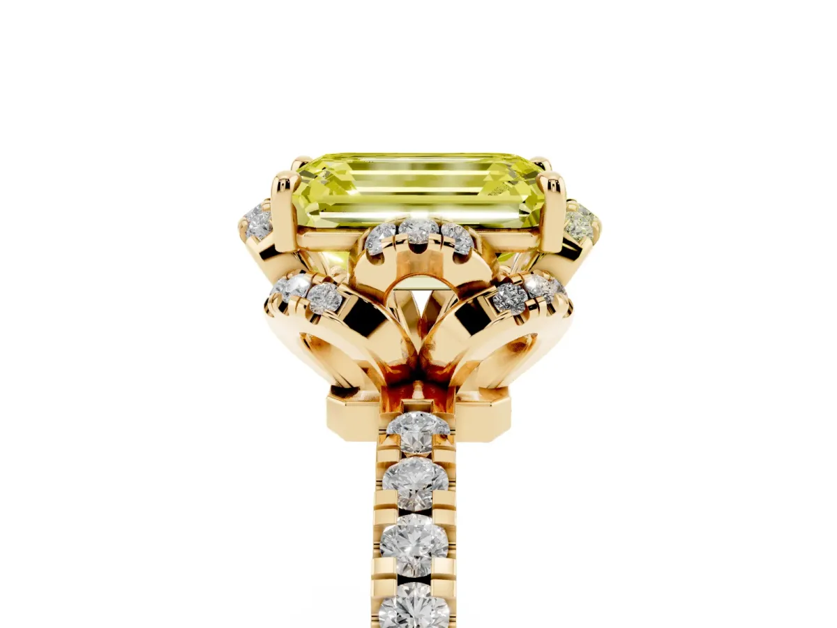 Fancy Yellow Emerald Cut Diamond Halo Pave Band with Four-Prong Setting Yellow gold