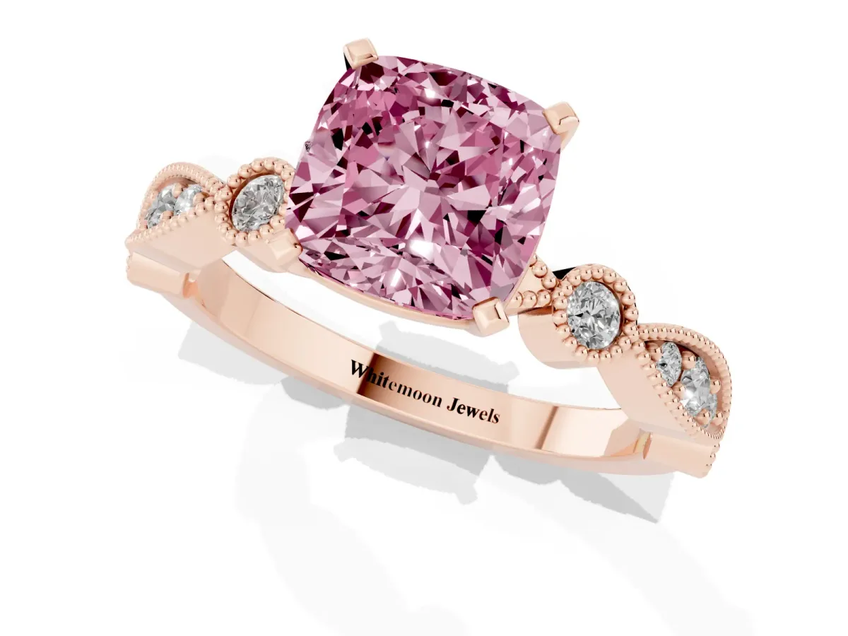 Fancy Pink Cushion Cut Milgrain Bezel Diamond Engagement Ring with Solitaire Prong Setting Rose gold