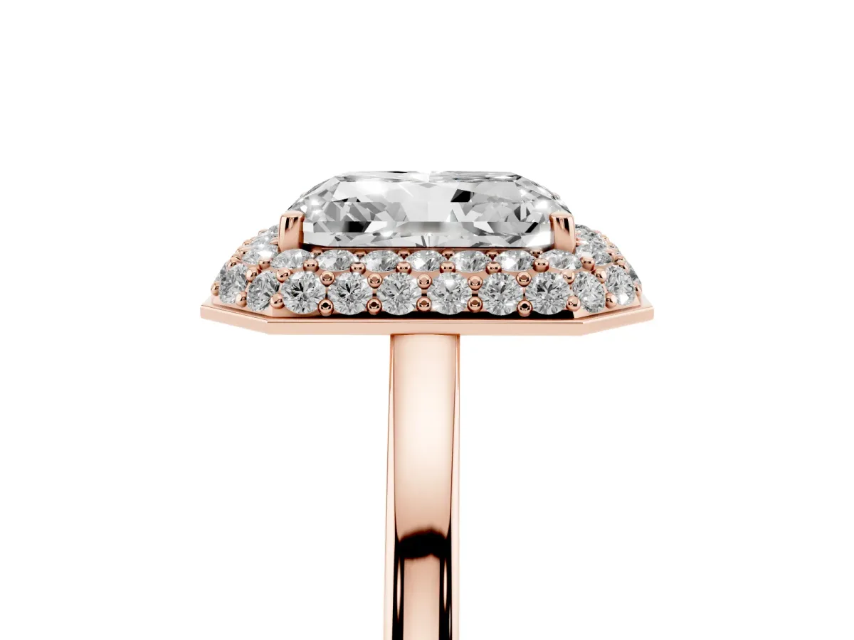 Radiant Cut Halo Diamond Engagement Ring with Solitaire Band and Four-Prong Setting Rose gold
