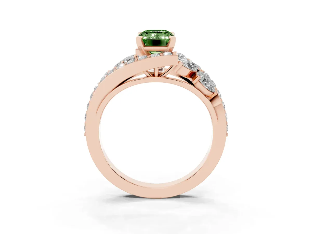 Fancy Green Emerald Cut Diamond Halo Ring with Marquise and Pavé Band in Prong Setting Rose gold