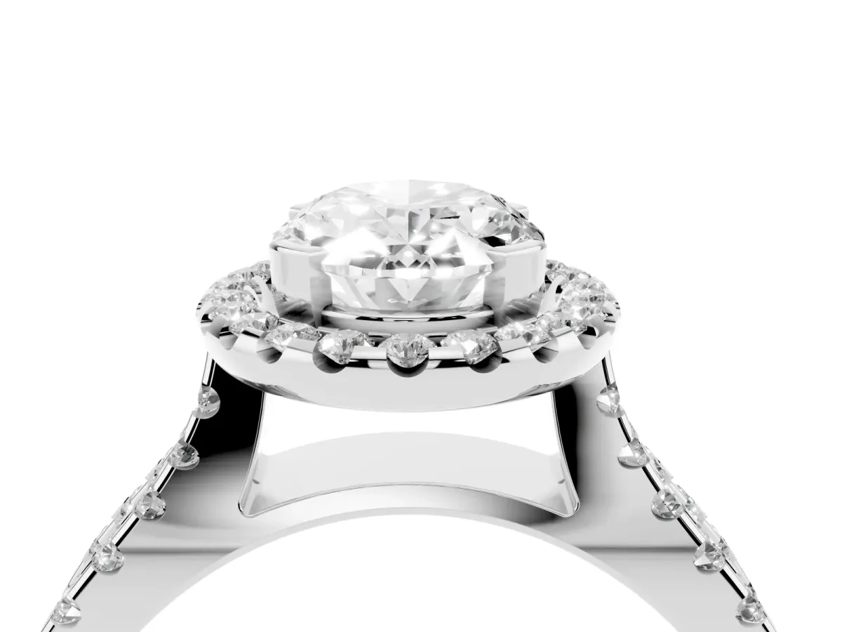 Oval Cut Diamond Halo Ring with Split Shank Pavé Band and Prong Setting Silver
