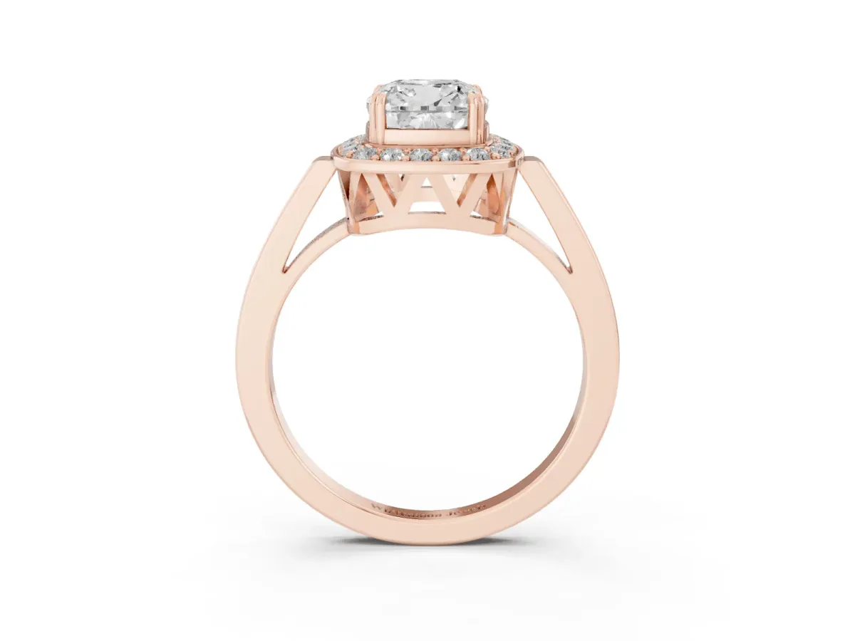 Cushion Cut Diamond Halo Ring with Split Shank and Four-Prong Setting Rose gold
