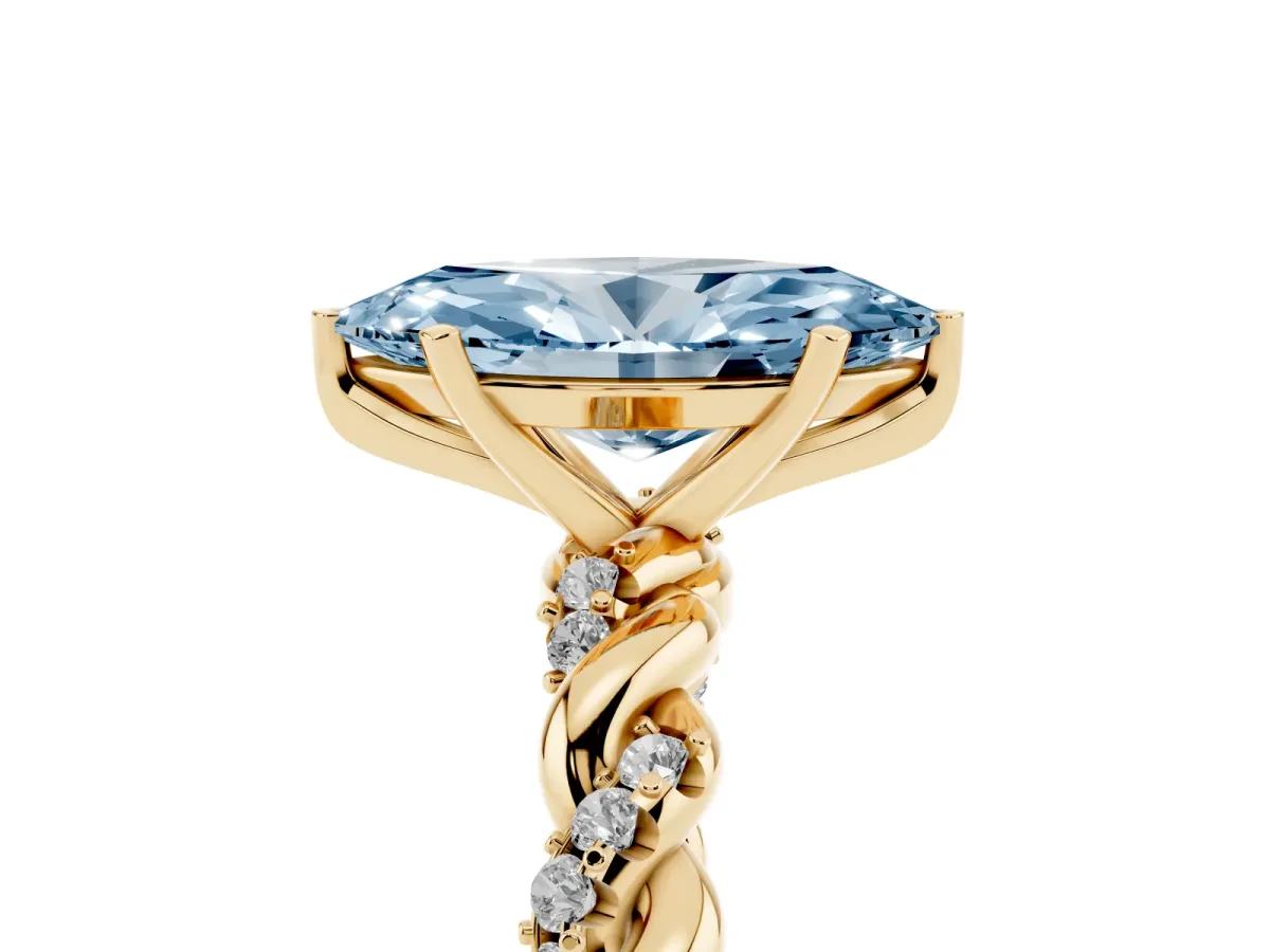 Fancy Blue Marquise Cut Diamond Solitaire Ring with Twisted Band and Pavé Accents Yellow gold