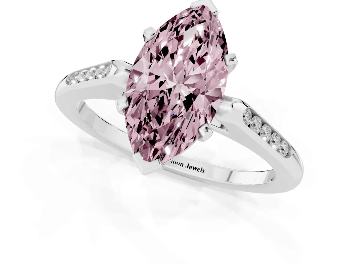 Fancy Pink Marquise Cut Diamond Solitaire Ring with Channel Set Round Band and Prong Setting Silver