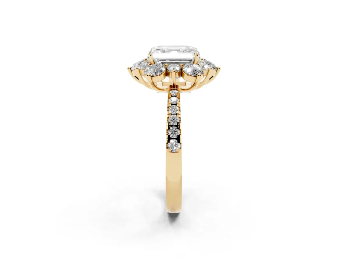 Asscher Cut Diamond Floral Halo Ring with Round Pavé Band and Prong Setting Yellow gold