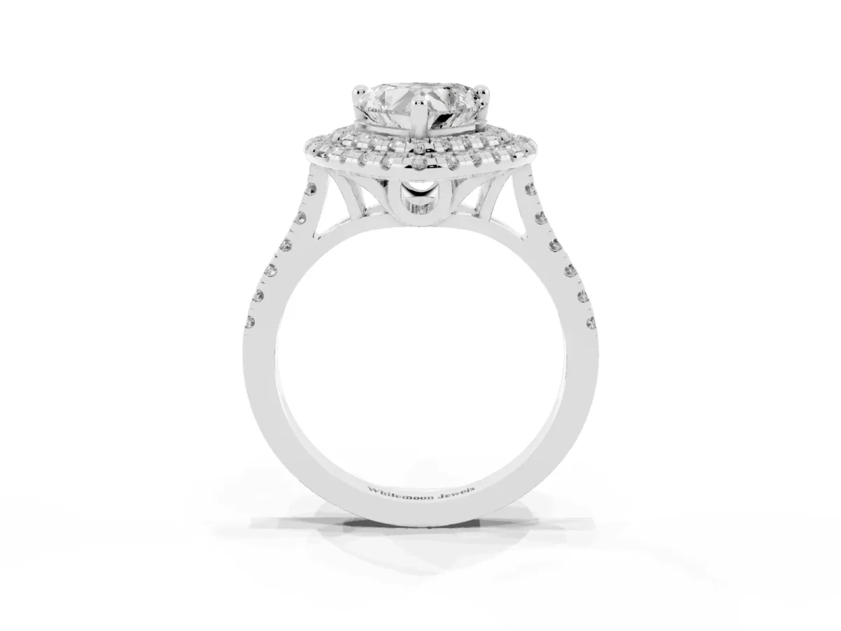 Double Halo Heart Cut Diamond Pavé Band with Four-Prong Setting Silver