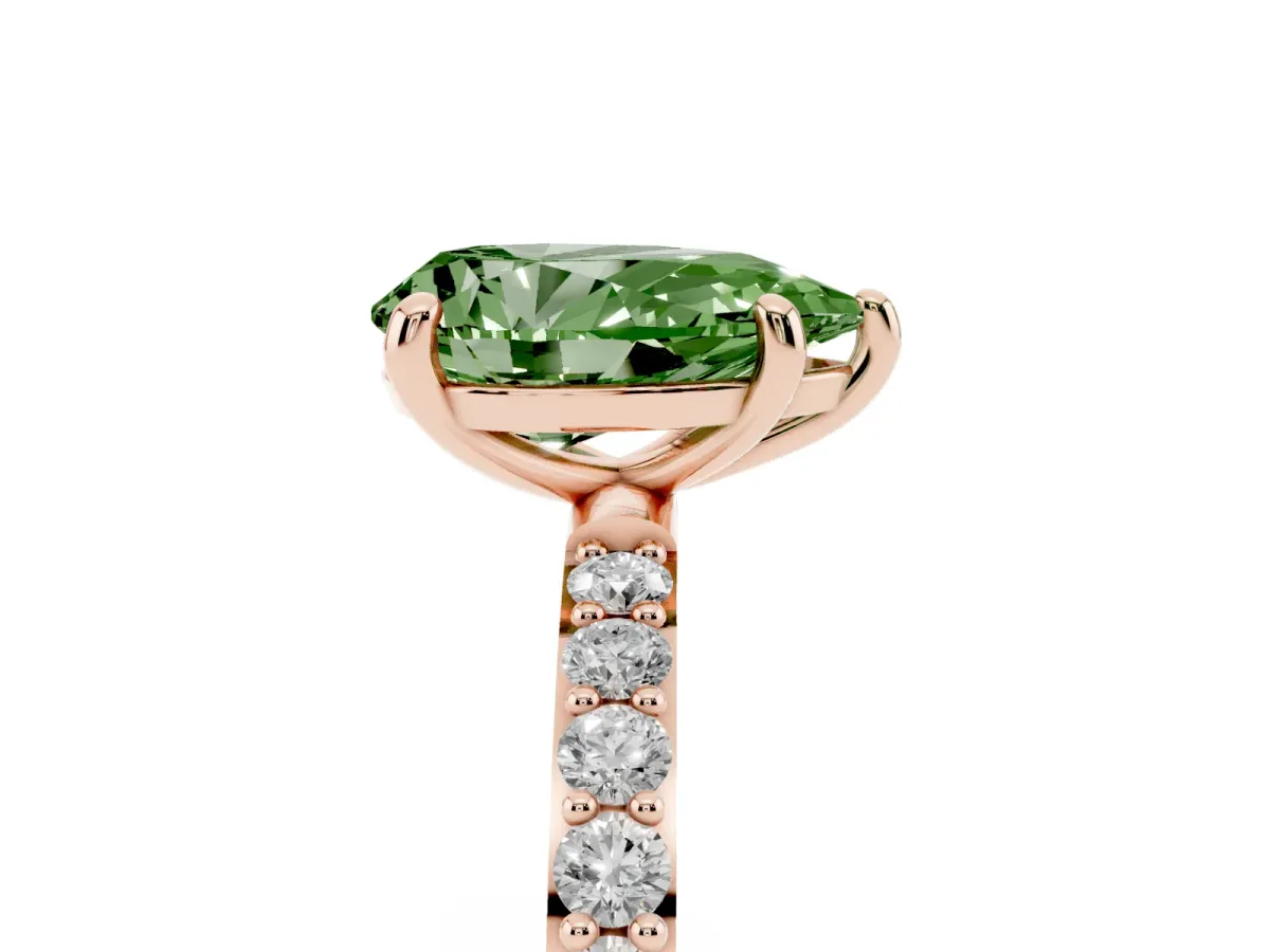 Fancy Green Pear Cut Diamond Solitaire Ring with Round Pavé Band and Prong Setting Rose gold