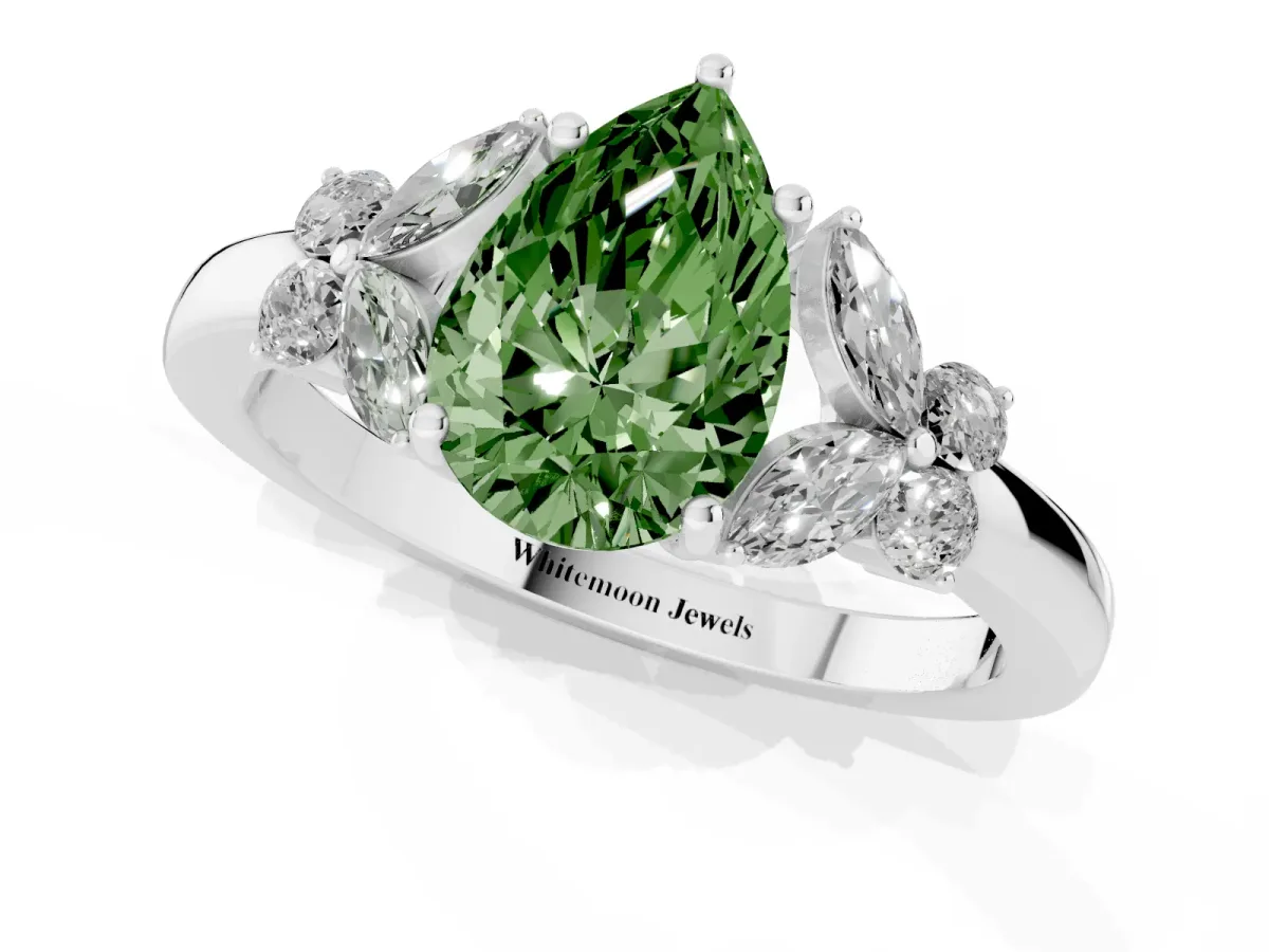 Fancy Green Pear Cut Cut Solitaire Floral Diamond Ring with Four-Prong Setting Silver