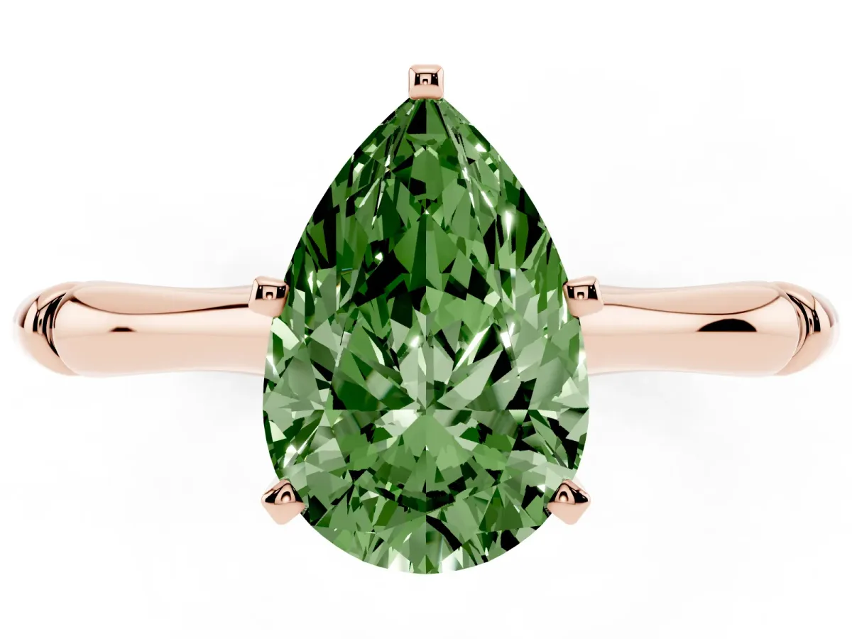 Fancy Green Pear Cut Solitaire Diamond Ring with Bamboo Band and Four-Prong Setting Rose gold
