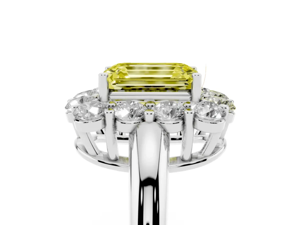 Fancy Yellow Emerald Cut Halo Cluster Diamond Engagement Ring with Prong Setting and Polished Band White gold