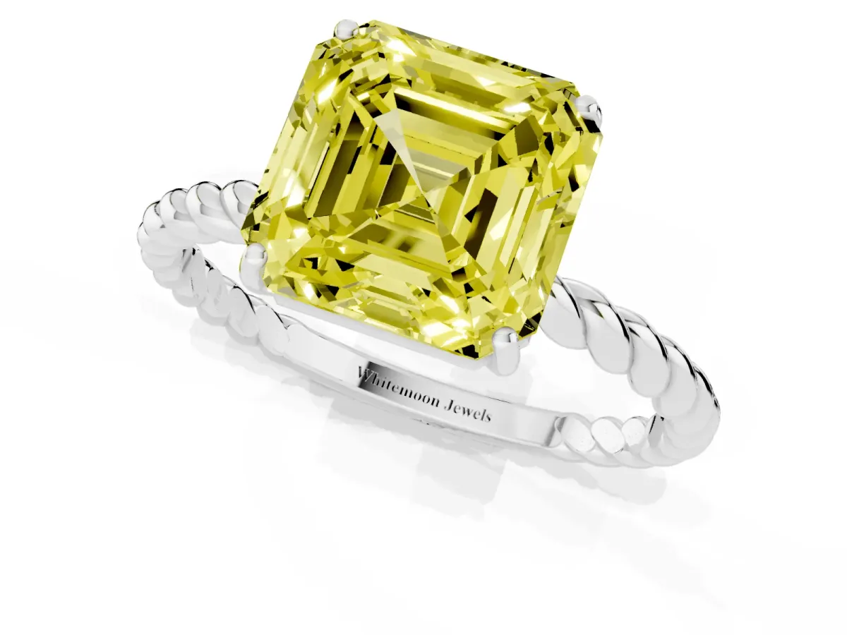Fancy Yellow Asscher Cut Solitaire Twisted Band 4-Prong Ring White gold