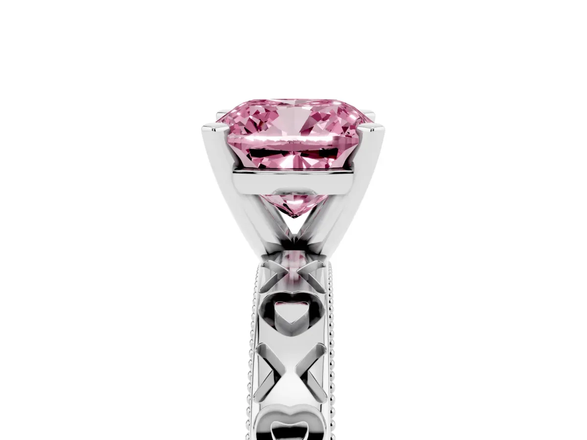 Fancy Pink Cushion Cut Solitaire Diamond Engagement Ring with XO Engraved Band and Four-Prong Setting Platinum