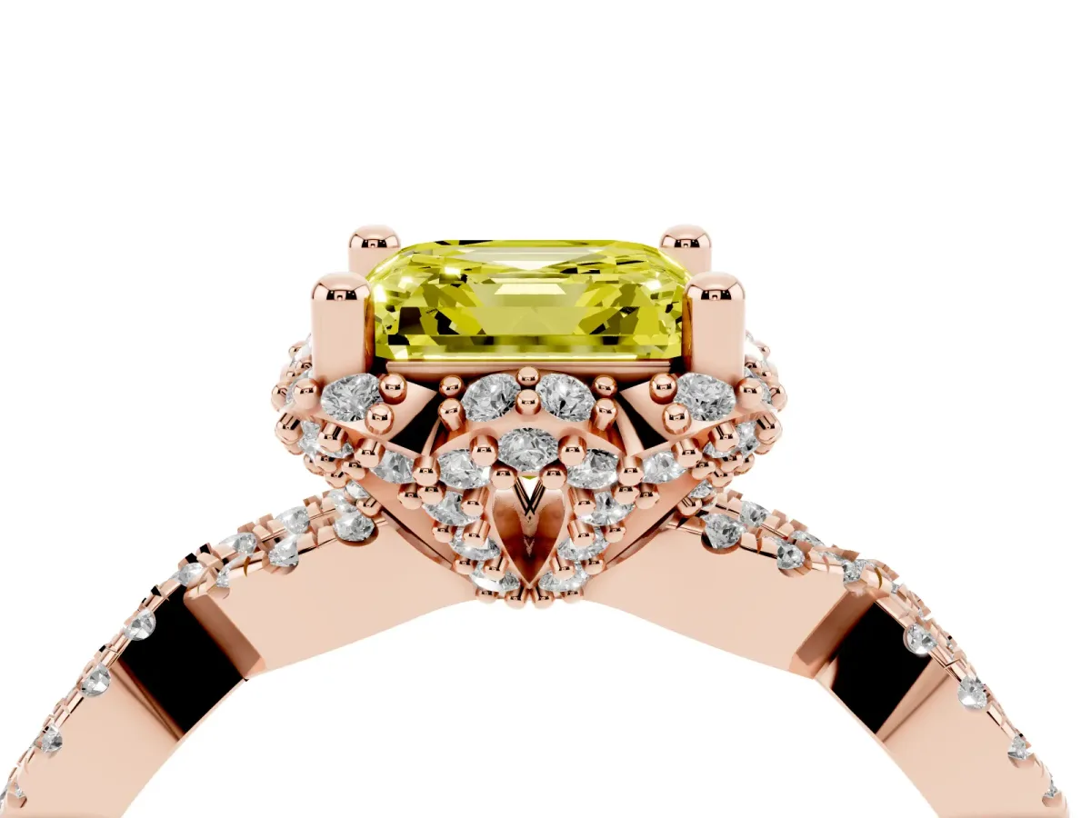 Fancy Yellow Asscher Cut Halo Twist Band Solitaire Ring with Six-Prong Setting Rose gold