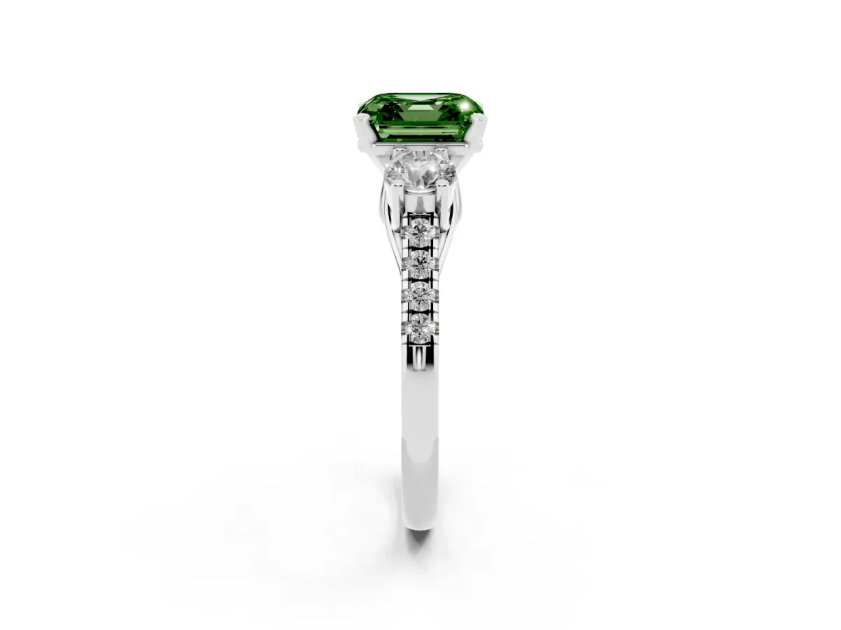 Fancy Green Three-Stone Asscher Cut Diamond Pavé Band with Four-Prong Setting Silver