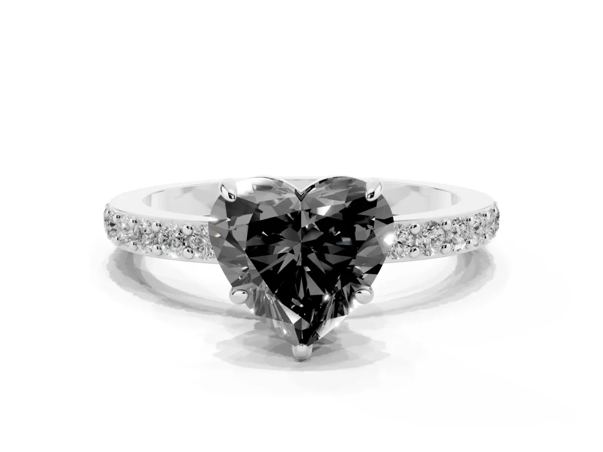 Fancy Black Heart Cut Diamond Pavé Engagement Ring with Round Accents and Prong Setting Platinum