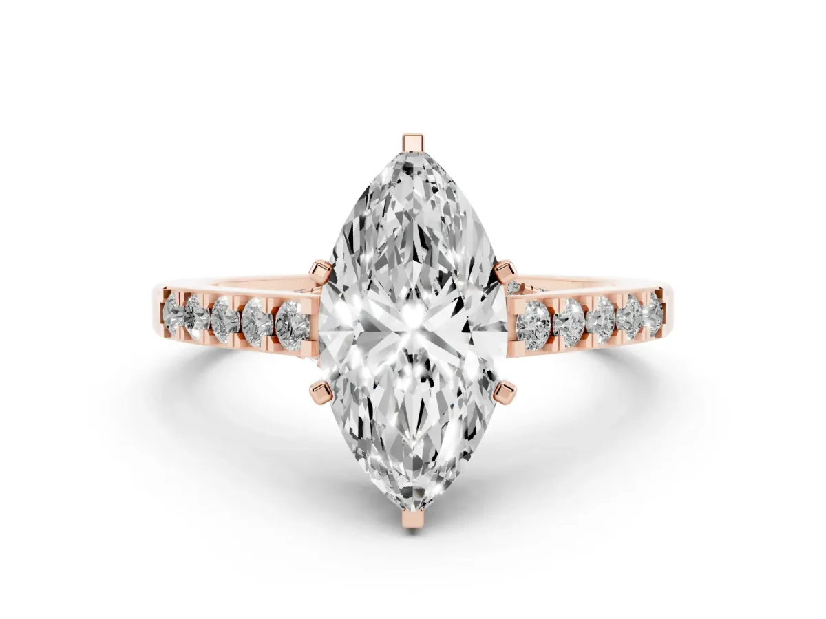 Marquise Cut Diamond Solitaire Ring with Crossover Gallery and Round Pavé Band Rose gold