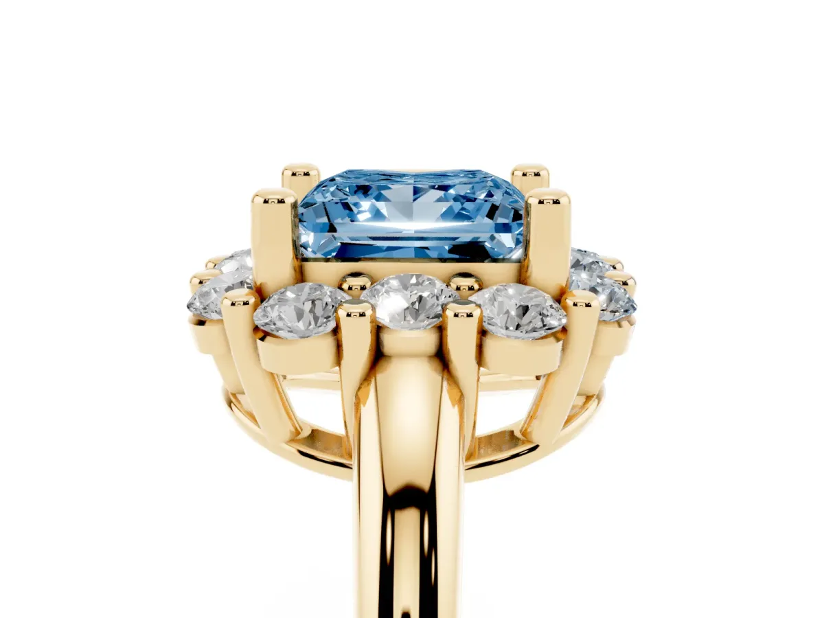 Fancy Blue Princess Cut Halo Cluster Diamond Engagement Ring with Prong Setting and Polished Band Yellow gold
