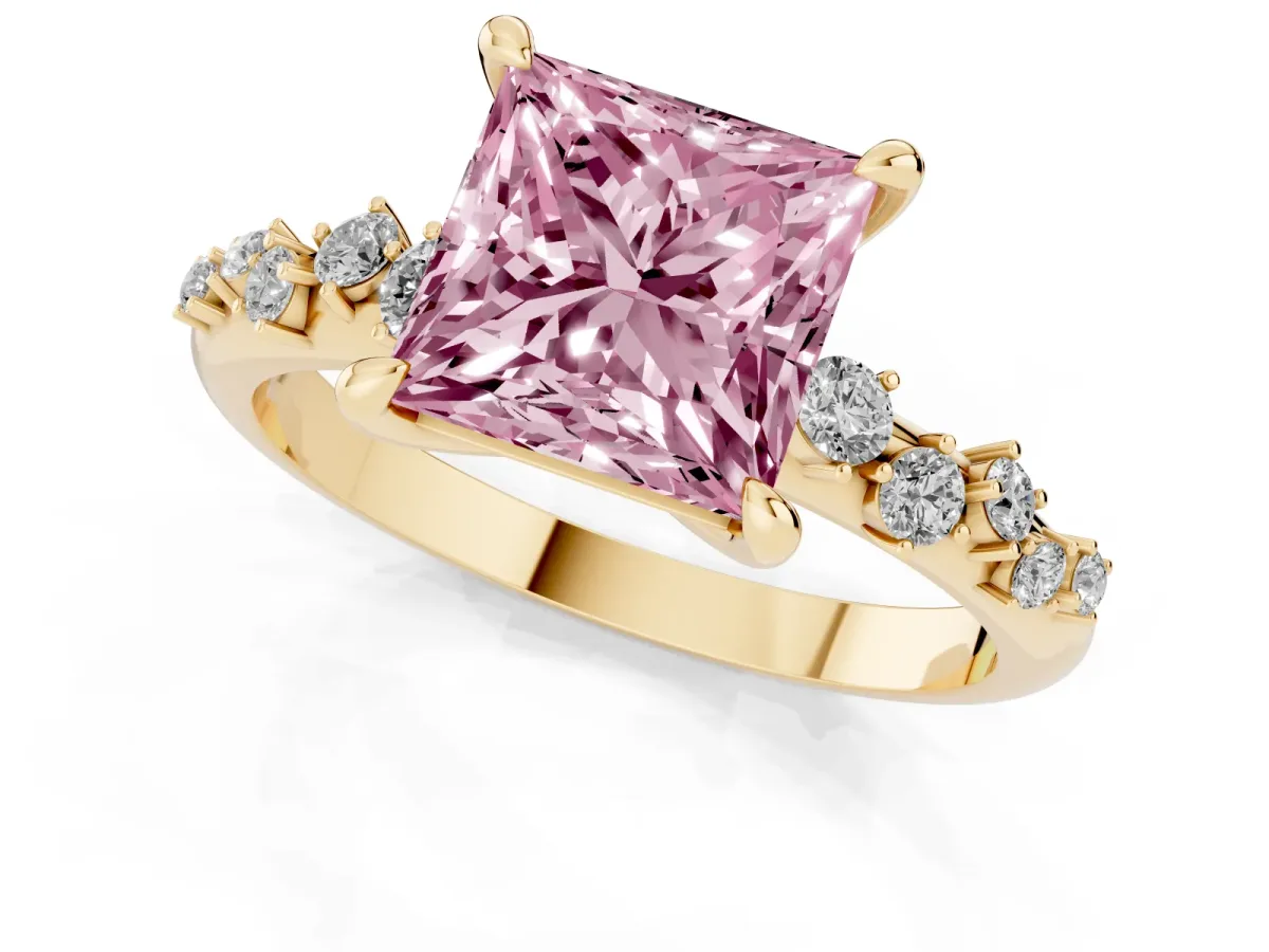 Fancy Pink Princess Cut Cut Diamond Vine Band with Four-Prong Setting Yellow gold
