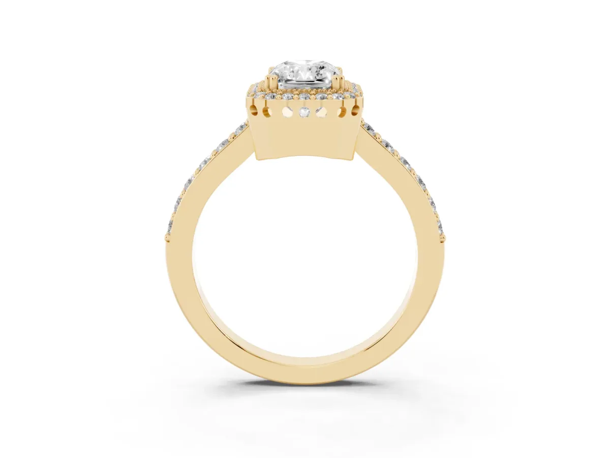 Radiant Cut Cut Diamond Halo Engagement Ring with Milgrain Detail and Pavé Band Yellow gold