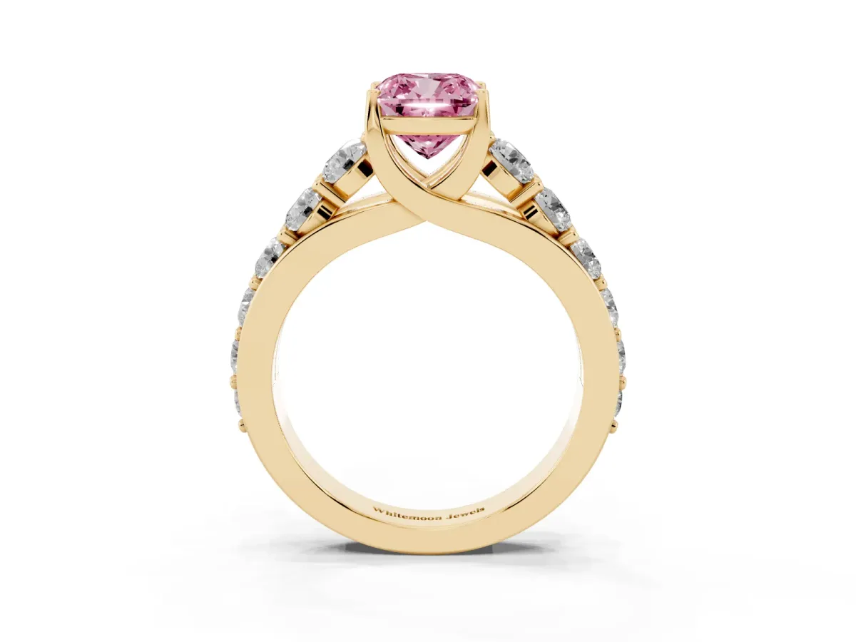 Fancy Pink Cushion Cut Diamond Engagement Ring with Pavé Band and Four-Prong Setting Yellow gold
