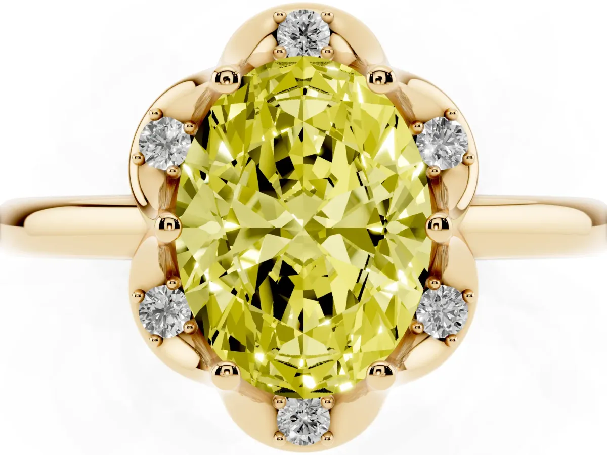 Fancy Yellow Oval Cut Halo Diamond Ring with Round Cluster Setting, Solitaire Band, and Four-Prong Setting Yellow gold