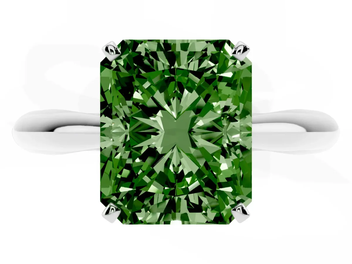 Fancy Green Radiant Cut Diamond Solitaire Engagement Ring with Cathedral Setting and Four-Prong Mount Silver