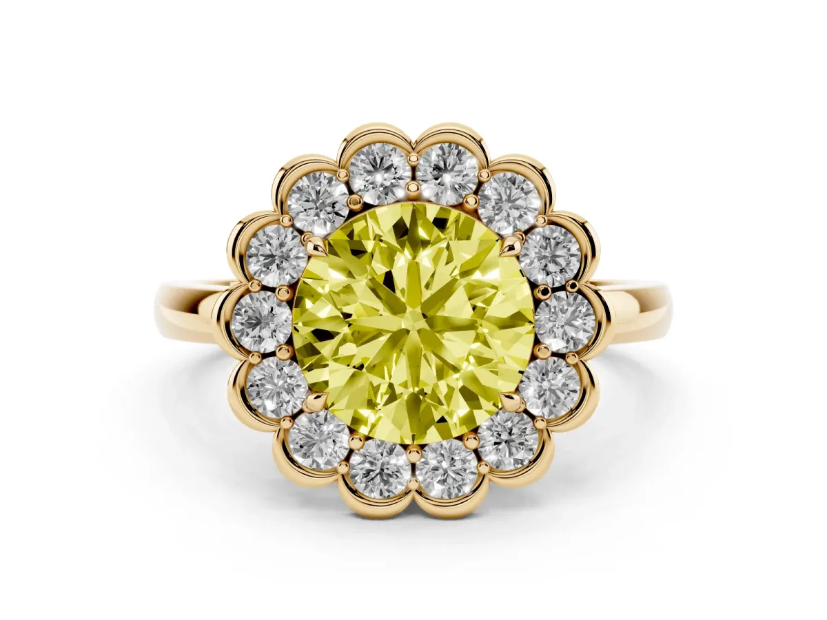 Fancy Yellow Round Cut Halo Cluster Diamond Engagement Ring with Solitaire Band and Prong Setting Yellow gold