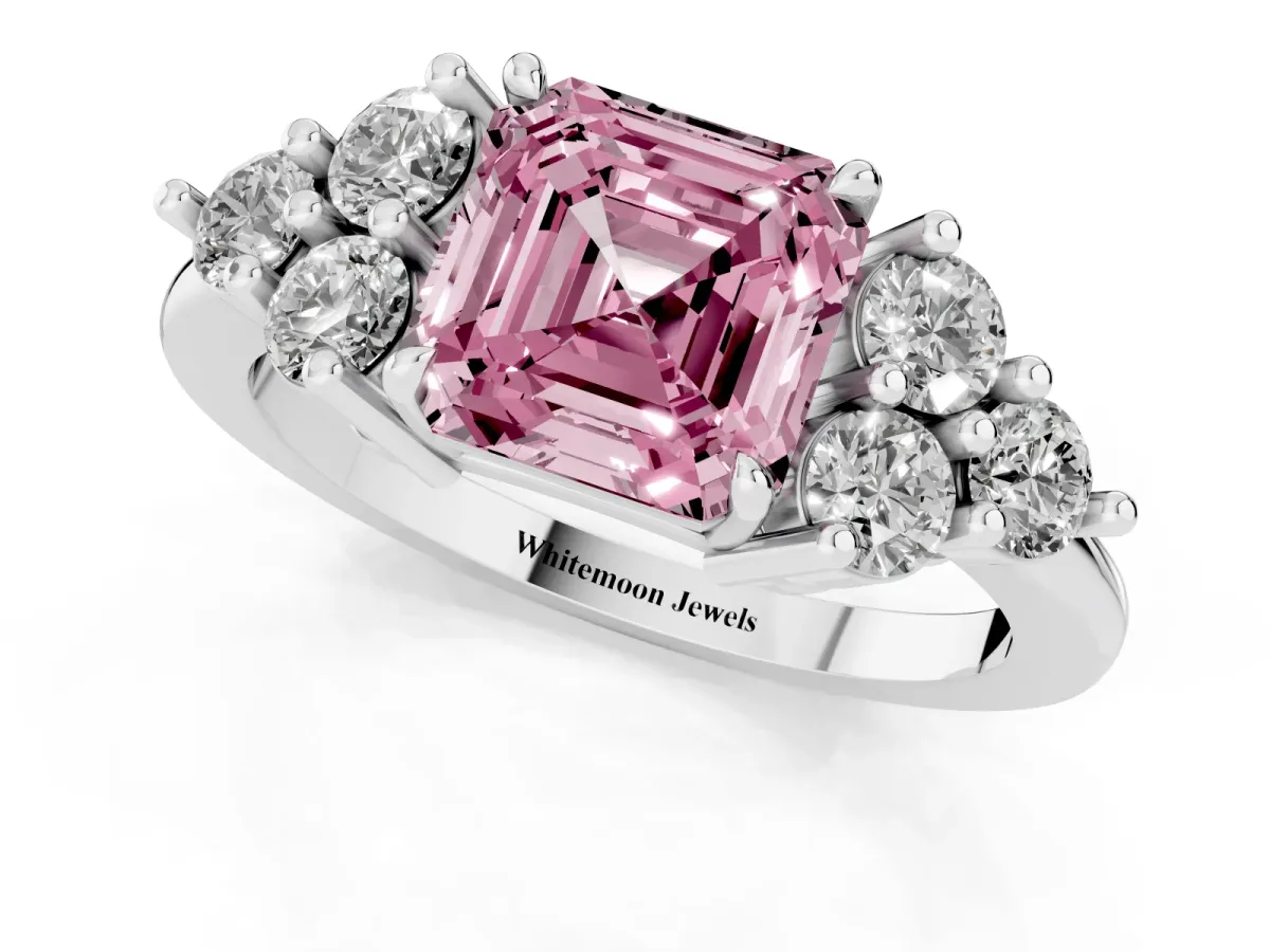 Fancy Pink Asscher Cut Brilliant Diamond Cluster Accent Solitaire Ring with Prong Setting Silver