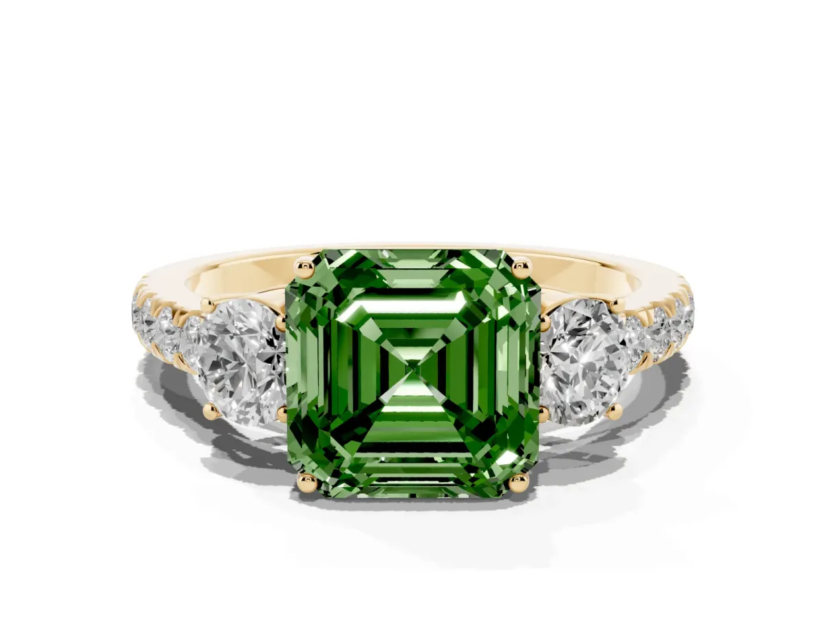 Fancy Green Asscher Cut Cut Diamond Three-Stone Ring with Round Side Stones and Pavé Band Yellow gold