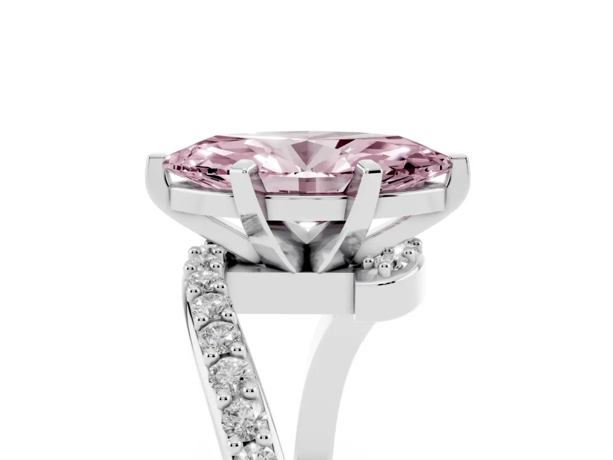 Fancy Pink Marquise Cut Solitaire Twist Band with Pave Set Diamonds and Four-Prong Setting Platinum