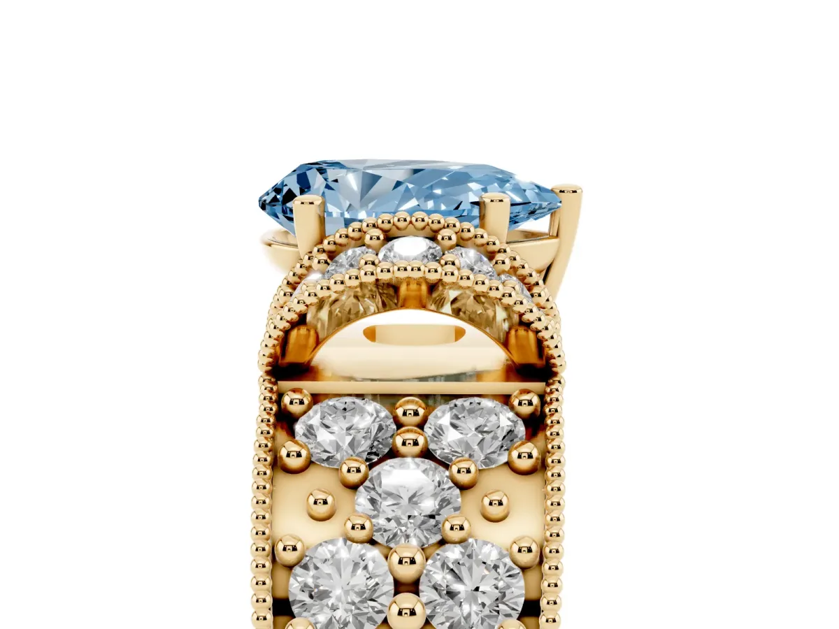 Fancy Blue Pear Cut Halo Pave Diamond Engagement Ring with Milgrain Detailing Yellow gold